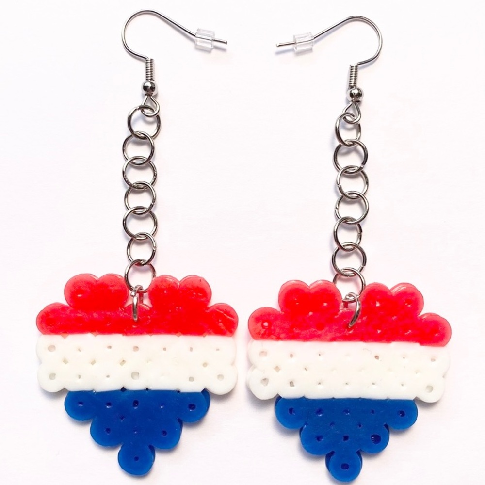 Handmade Perler Bead Red/White/Blue American Flag Heart Inspired Earrings. New